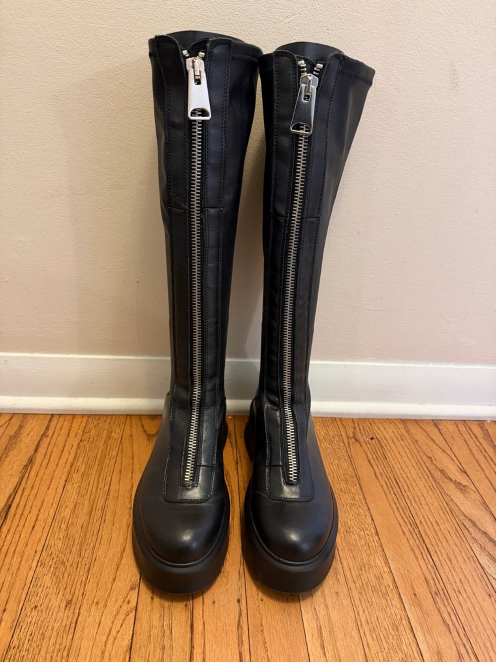 Steve Madden Black Front-Zip Knee-High Platform Boots